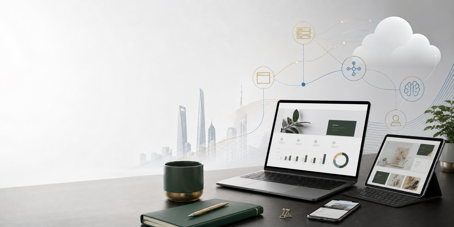 Abstract cloud, AI, and small business technology workflow